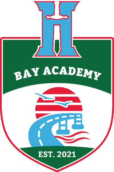 A shield logo for Bay Academy with a bridge, birds, sun, and Est. 2021 text.