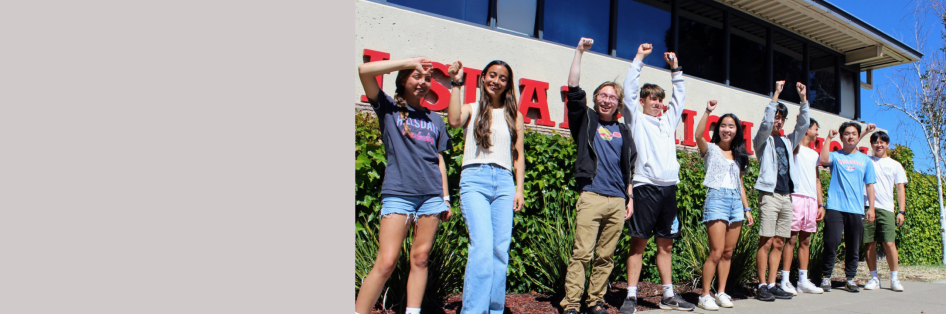 Students in front of school